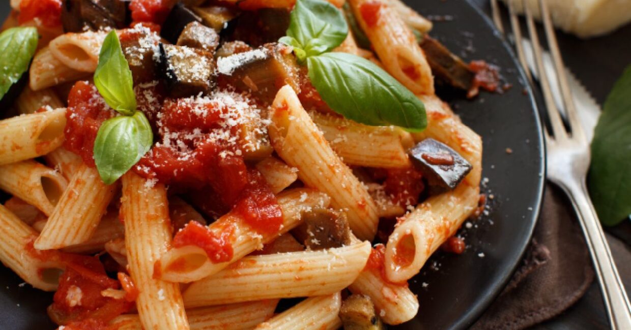 Pasta alla norma con ricotta salata siciliana
